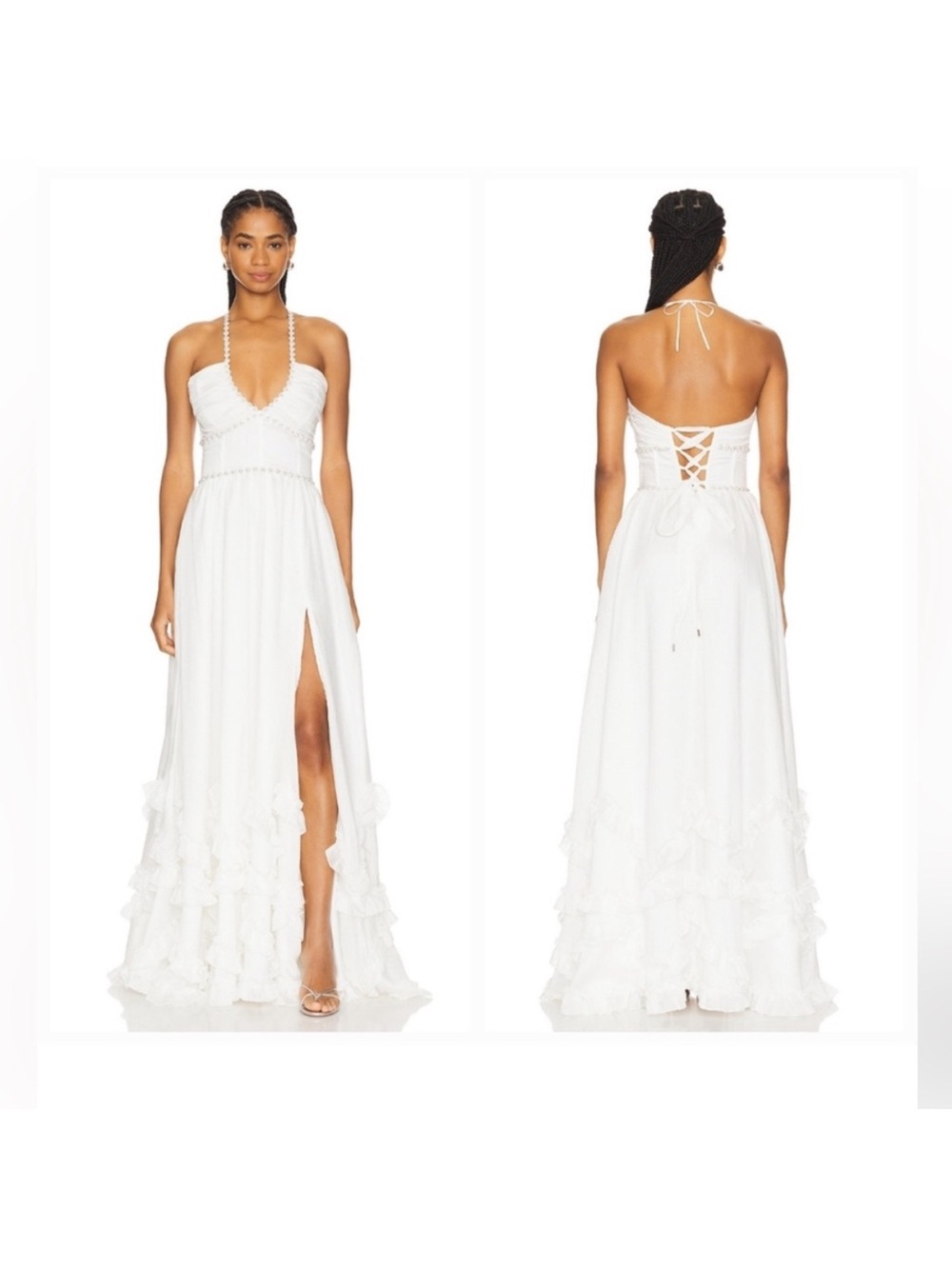 V. Chapman White Halter Ruffle Maxi Dress with Lace-Up Back